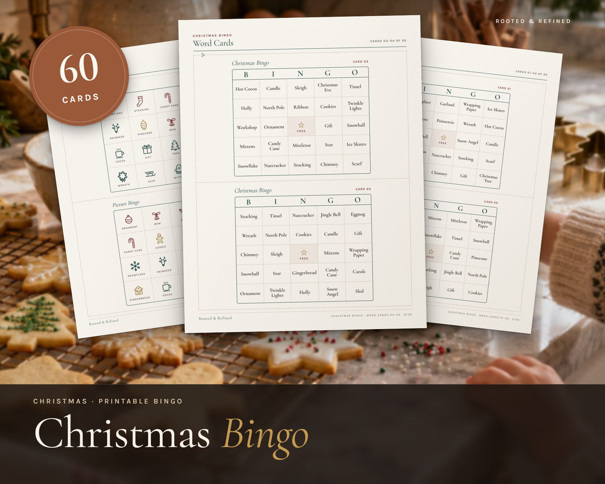 Christmas Bingo printable from Rooted & Refined: cover preview with the printed pages styled on a table
