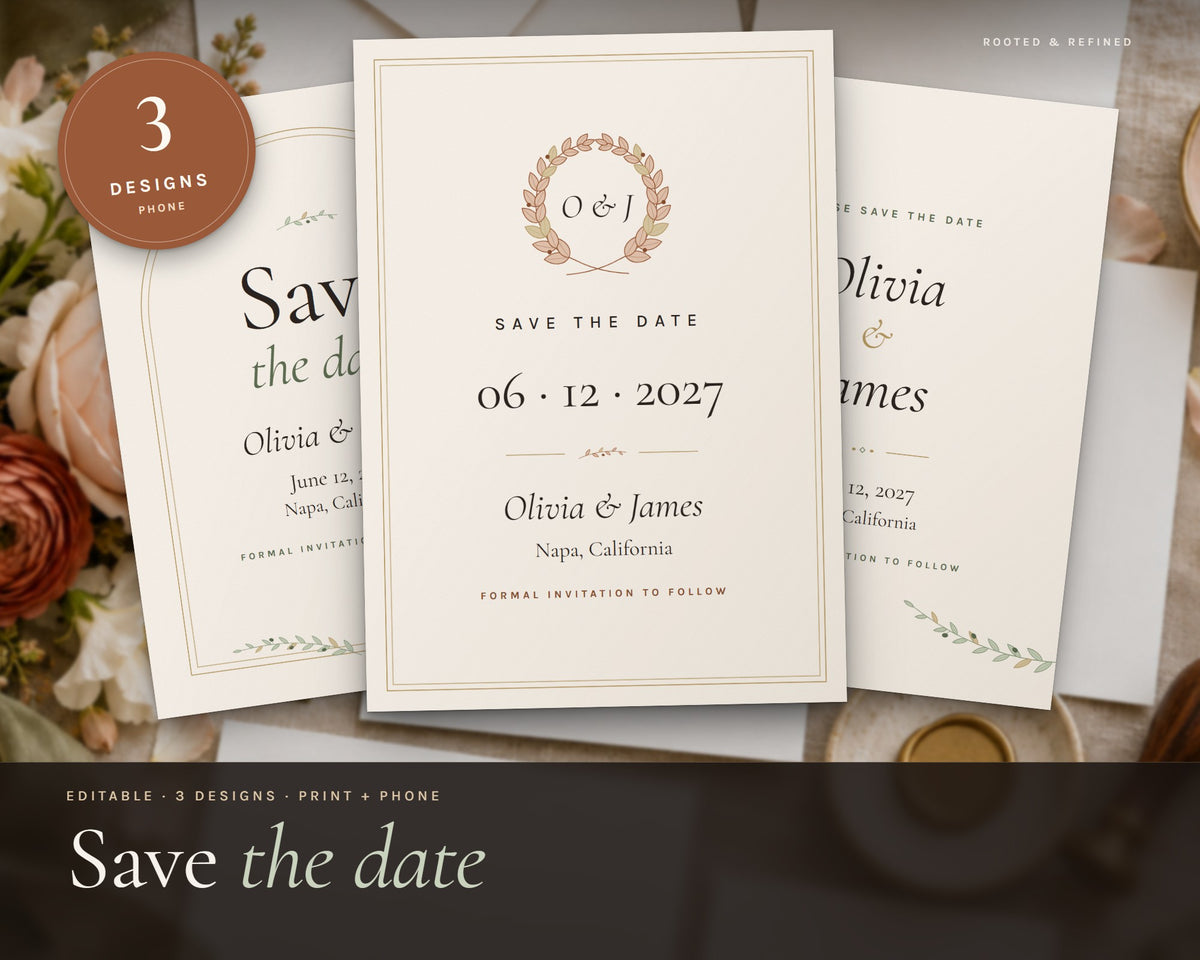 Save the Date printable from Rooted & Refined: cover preview with the printed pages styled on a table