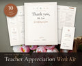 Teacher Appreciation Week Kit printable from Rooted & Refined: cover preview with the printed pages styled on a table
