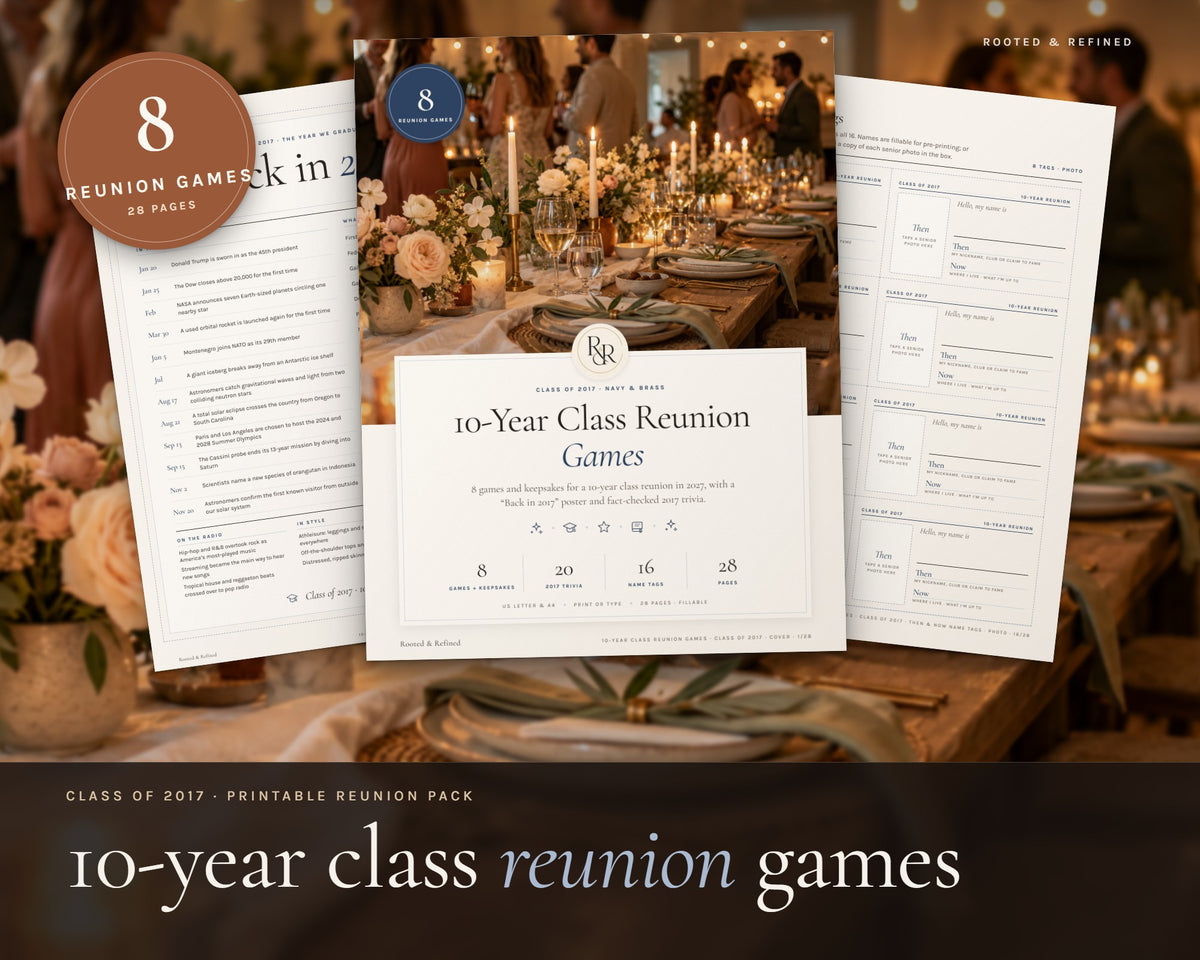10 Year Reunion Games printable from Rooted & Refined: cover preview with the printed pages styled on a table