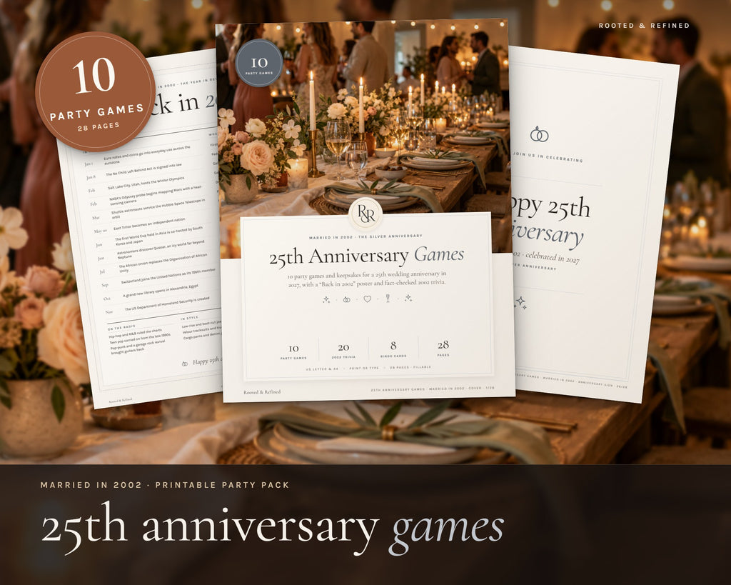 25th Anniversary Party Games printable from Rooted & Refined: cover preview with the printed pages styled on a table