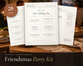 Friendsmas Party Kit printable from Rooted & Refined: cover preview with the printed pages styled on a table