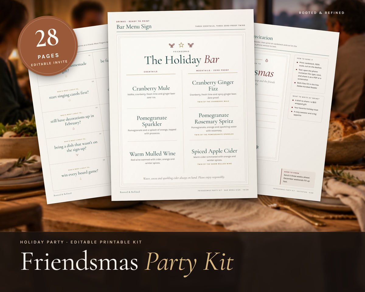 Friendsmas Party Kit printable from Rooted & Refined: cover preview with the printed pages styled on a table