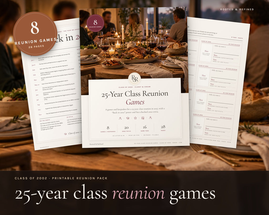 25 Year Reunion Games printable from Rooted & Refined: cover preview with the printed pages styled on a table