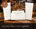 25 Year Reunion Games printable from Rooted & Refined: cover preview with the printed pages styled on a table