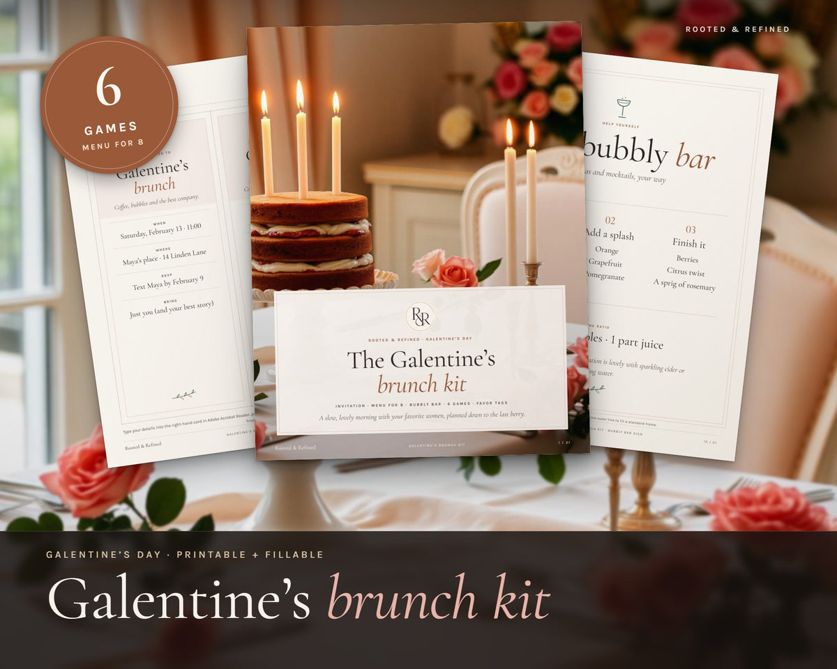 Galentine's Brunch Kit printable from Rooted & Refined: cover preview with the printed pages styled on a table