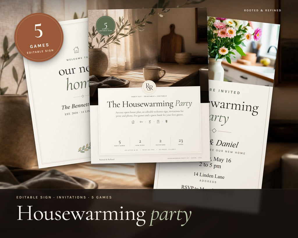 Housewarming Party Kit printable from Rooted & Refined: cover preview with the printed pages styled on a table
