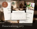 Housewarming Party Kit printable from Rooted & Refined: cover preview with the printed pages styled on a table