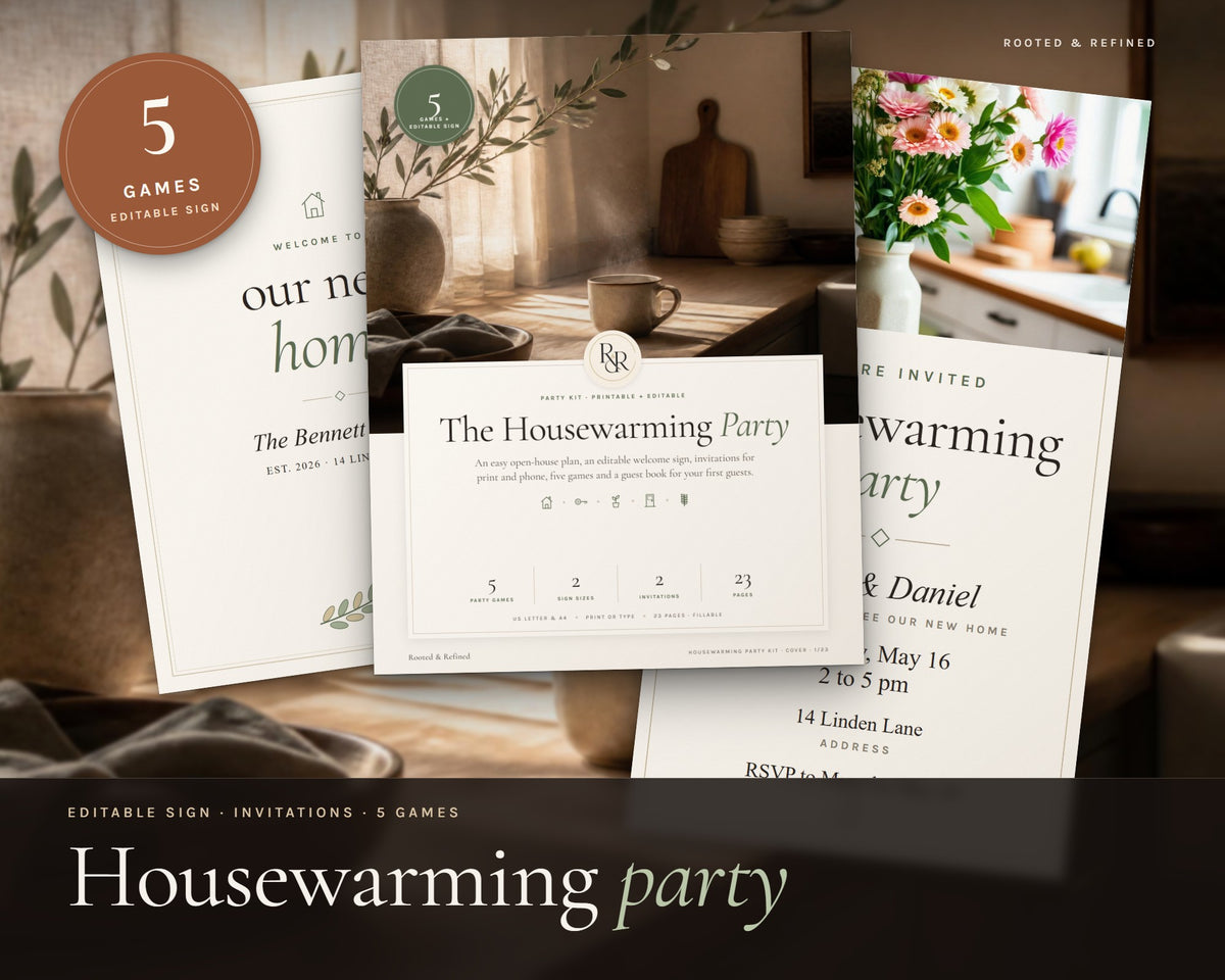 Housewarming Party Kit printable from Rooted & Refined: cover preview with the printed pages styled on a table