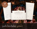 50th Birthday Party Games printable from Rooted & Refined: cover preview with the printed pages styled on a table