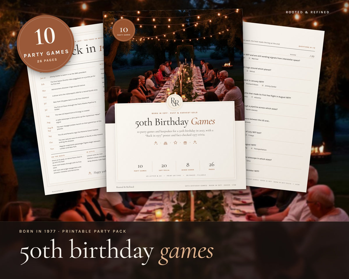 50th Birthday Party Games printable from Rooted & Refined: cover preview with the printed pages styled on a table