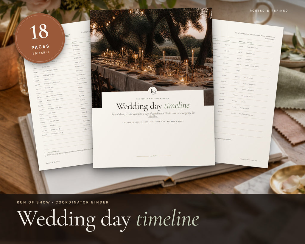 Wedding Day Timeline printable from Rooted & Refined: cover preview with the printed pages styled on a table