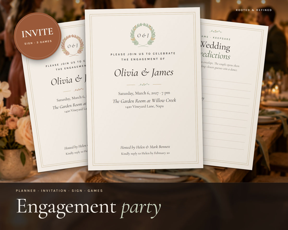 Engagement Party Kit printable from Rooted & Refined: cover preview with the printed pages styled on a table
