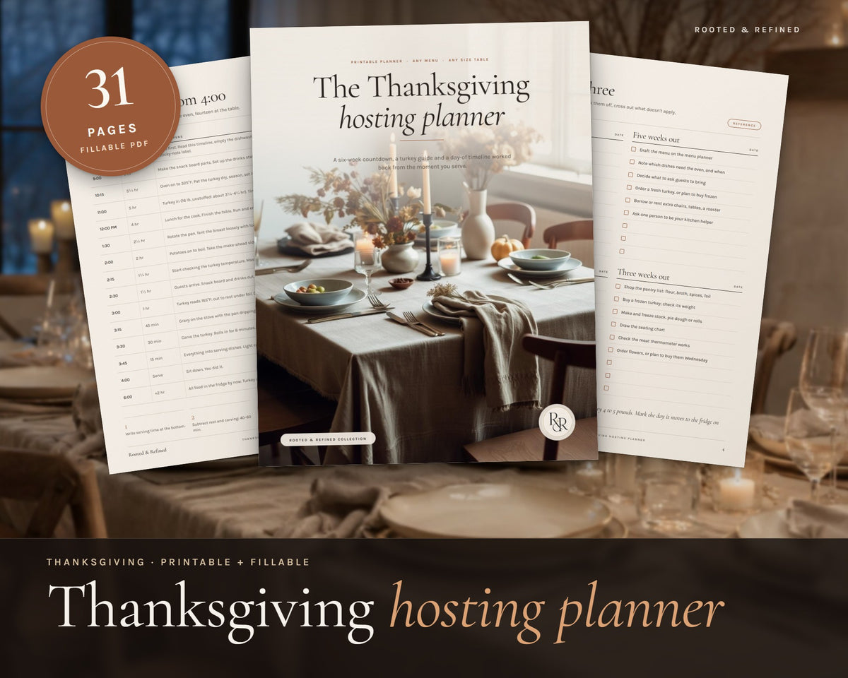 Thanksgiving Planner printable from Rooted & Refined: cover preview with the printed pages styled on a table