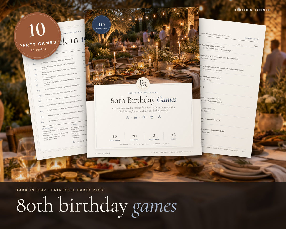 80th Birthday Party Games printable from Rooted & Refined: cover preview with the printed pages styled on a table