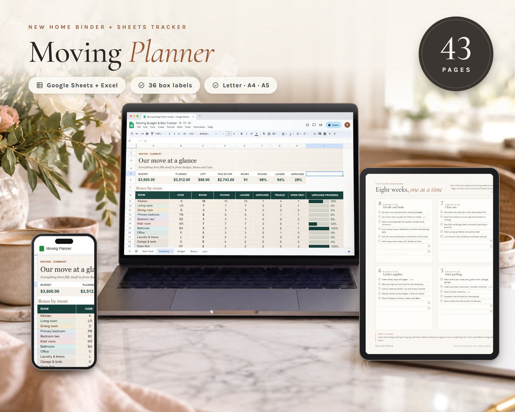 Moving Planner printable from Rooted & Refined: cover preview with the printed pages styled on a table