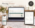 Moving Planner printable from Rooted & Refined: cover preview with the printed pages styled on a table