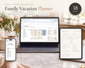 Family Vacation Planner printable from Rooted & Refined: cover preview with the printed pages styled on a table