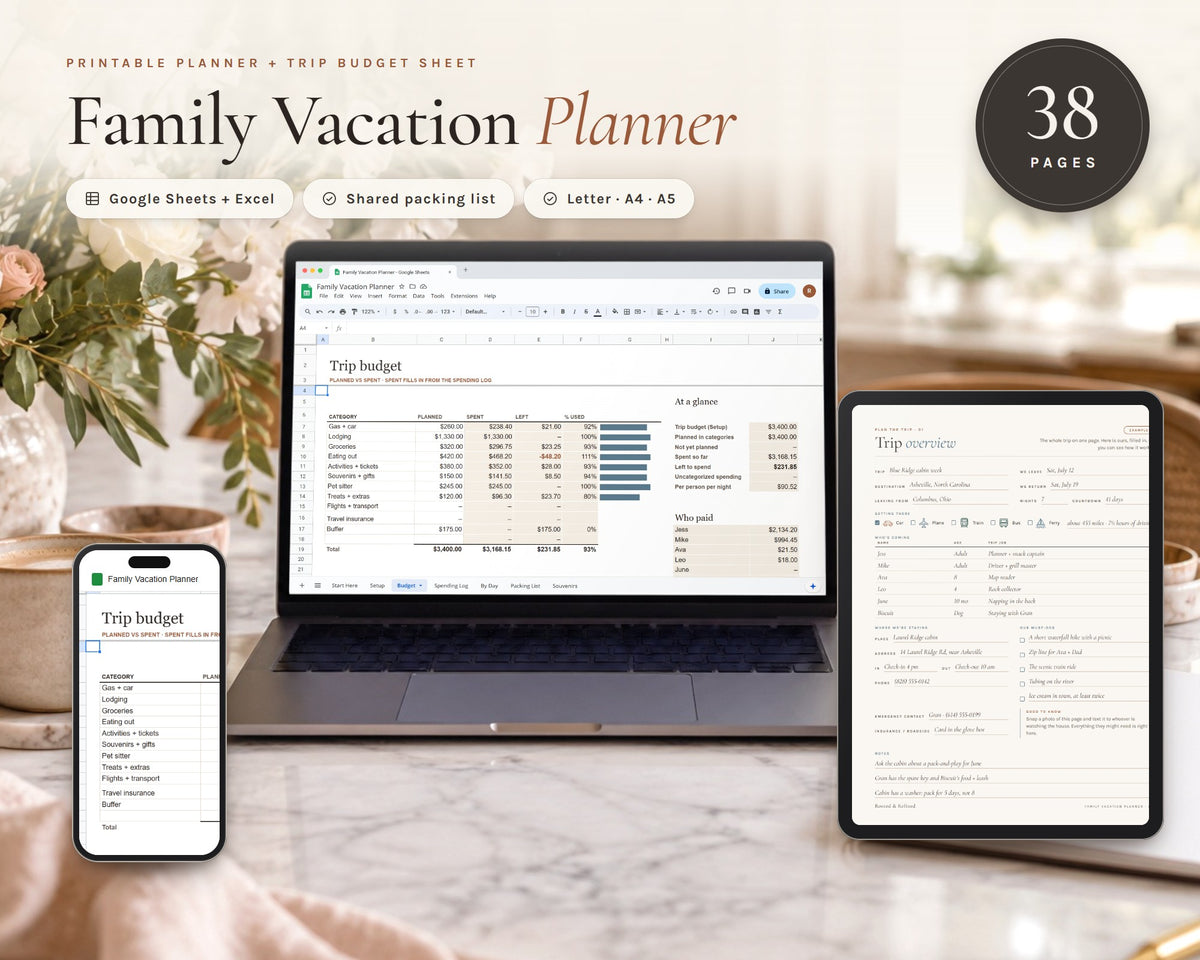 Family Vacation Planner printable from Rooted & Refined: cover preview with the printed pages styled on a table