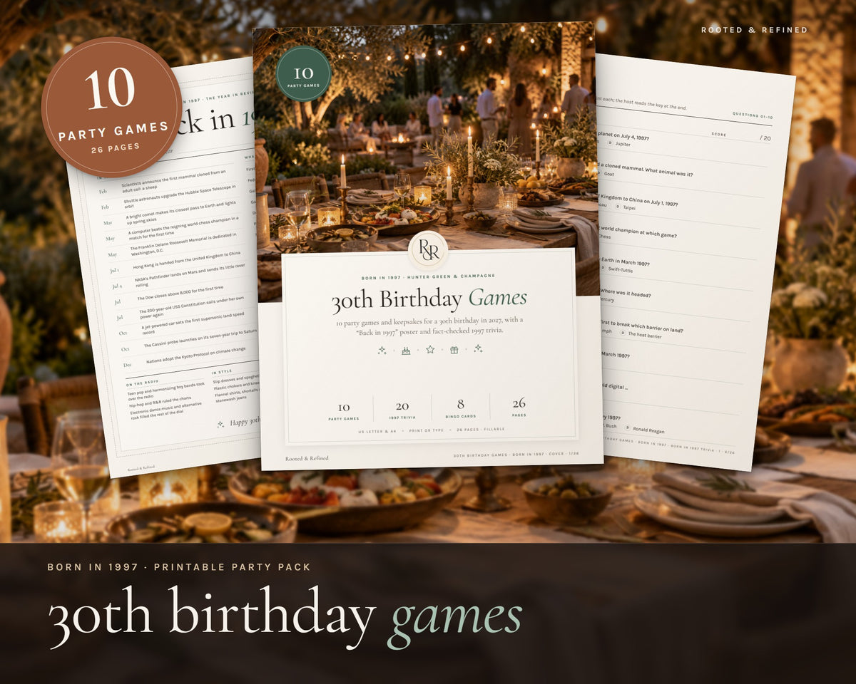 30th Birthday Party Games printable from Rooted & Refined: cover preview with the printed pages styled on a table