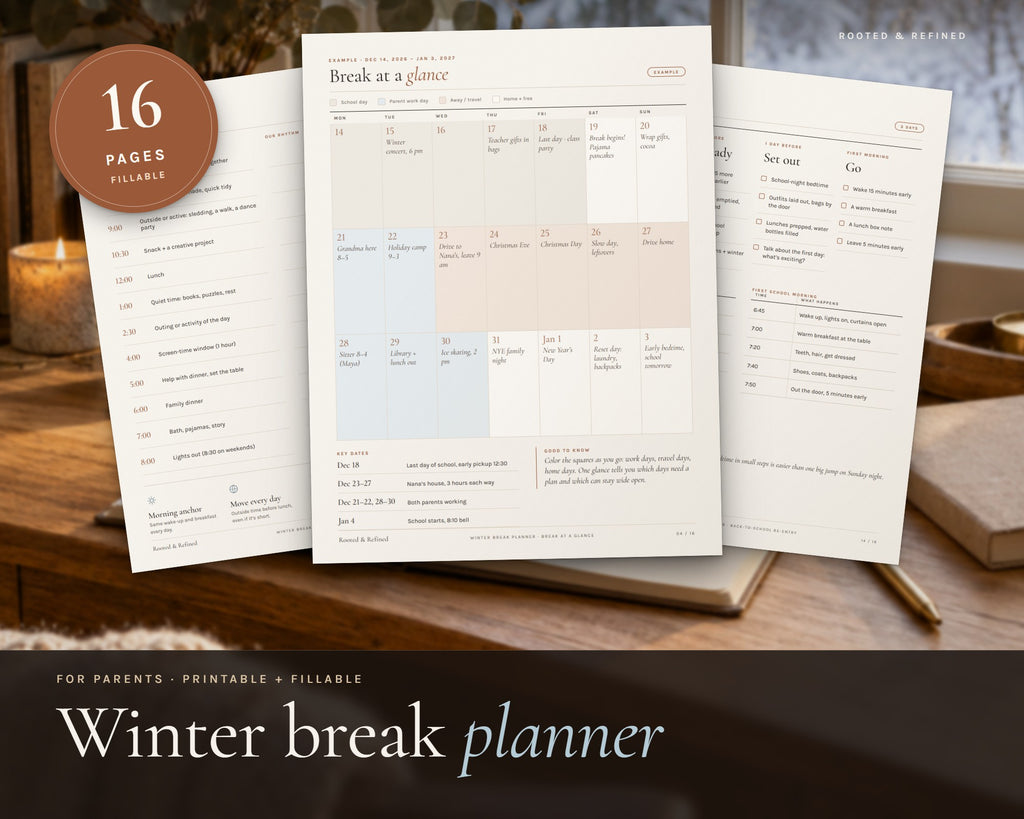 Winter Break Planner for Parents printable from Rooted & Refined: cover preview with the printed pages styled on a table