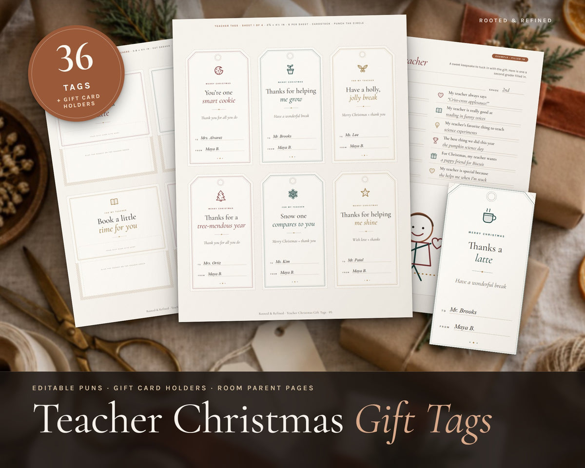 Teacher Christmas Gift Tags printable from Rooted & Refined: cover preview with the printed pages styled on a table