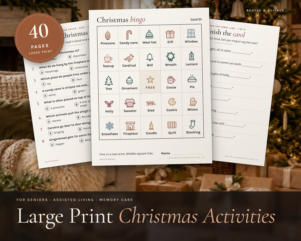 Large Print Christmas Activities for Seniors printable from Rooted & Refined: cover preview with the printed pages styled on a table