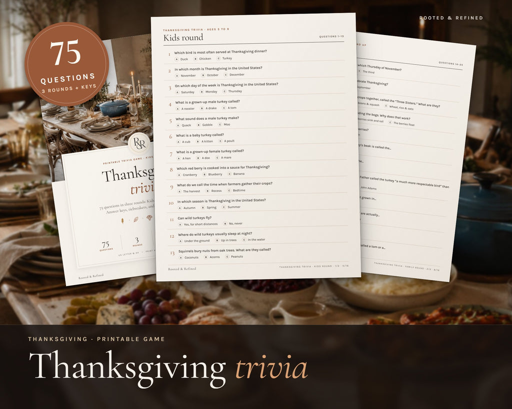 Thanksgiving Trivia Game printable from Rooted & Refined: cover preview with the printed pages styled on a table