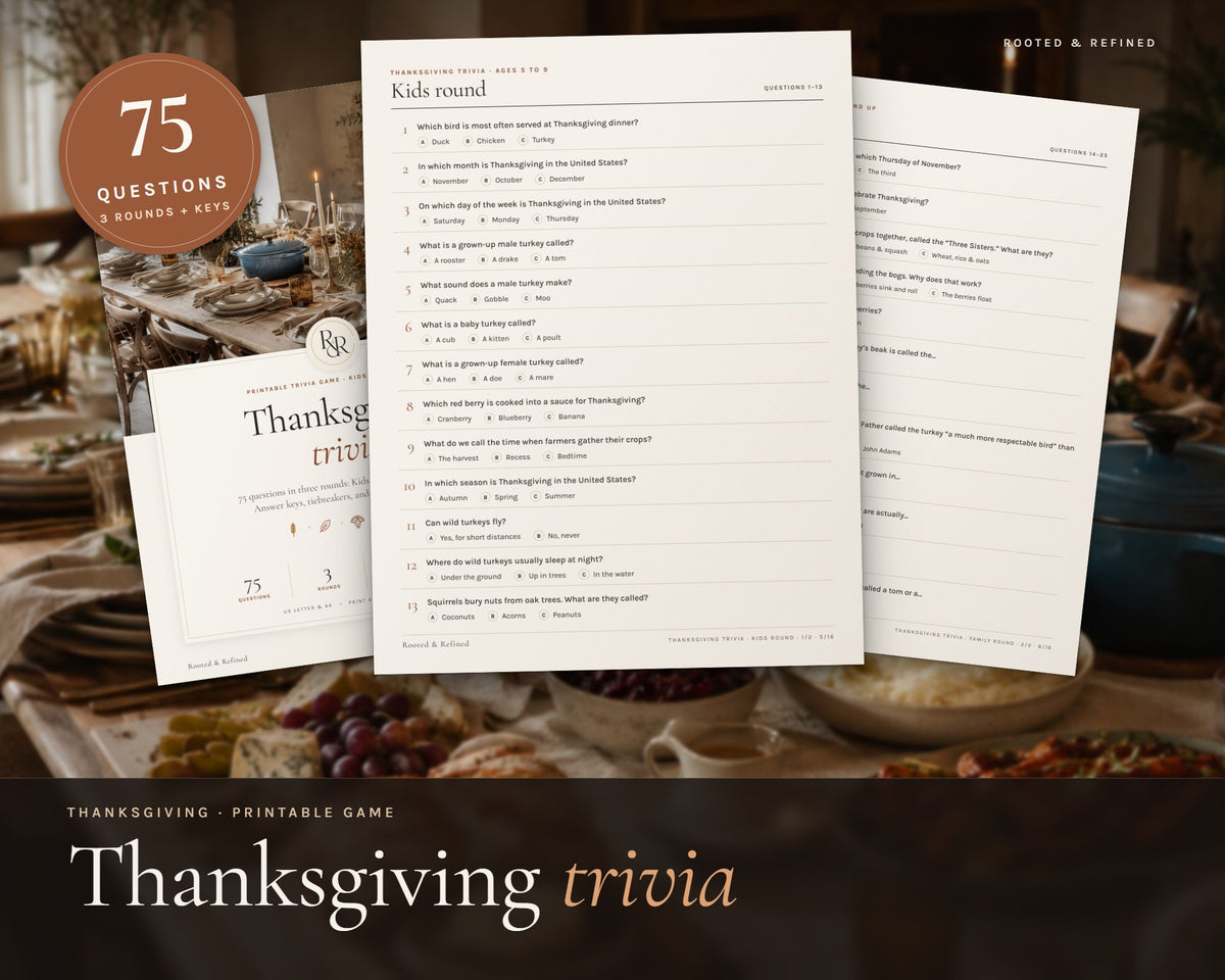 Thanksgiving Trivia Game printable from Rooted & Refined: cover preview with the printed pages styled on a table