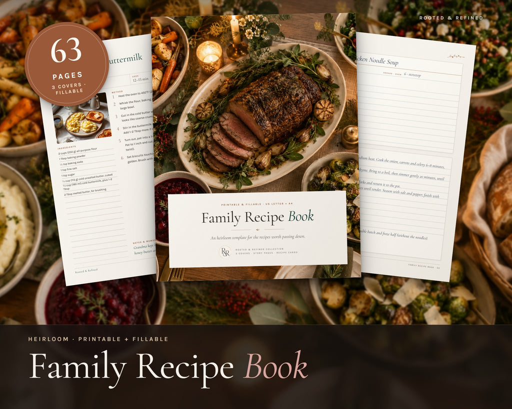 Family Recipe Book Template printable from Rooted & Refined: cover preview with the printed pages styled on a table