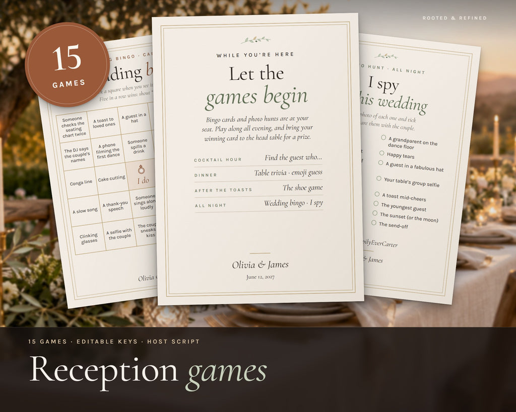 Wedding Reception Games Bundle printable from Rooted & Refined: cover preview with the printed pages styled on a table