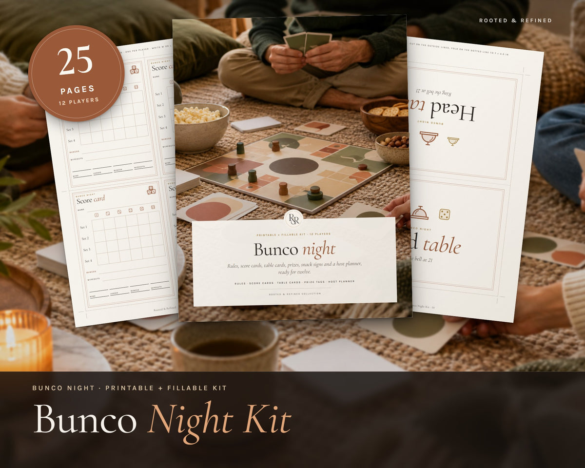 Bunco Night Kit printable from Rooted & Refined: cover preview with the printed pages styled on a table
