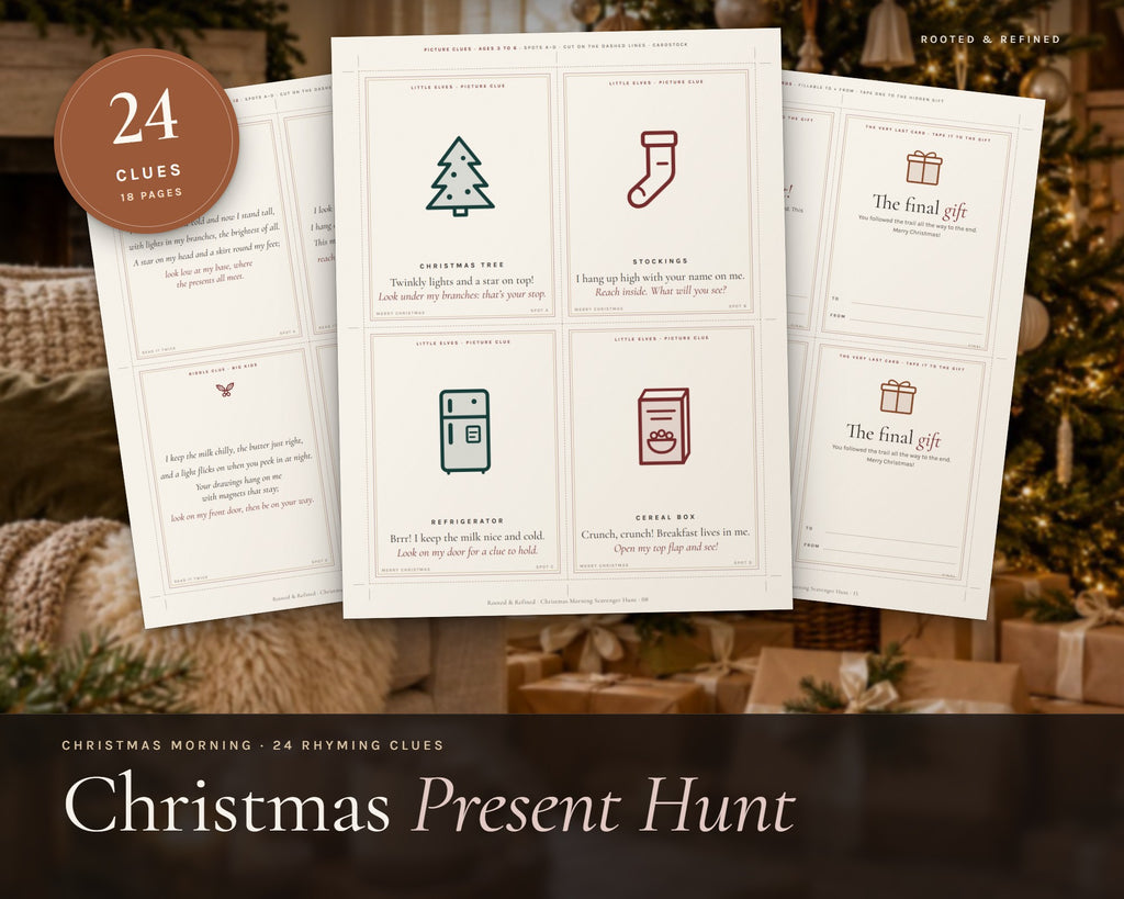 Christmas Present Scavenger Hunt for Kids printable from Rooted & Refined: cover preview with the printed pages styled on a table
