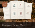Christmas Present Scavenger Hunt for Kids printable from Rooted & Refined: cover preview with the printed pages styled on a table
