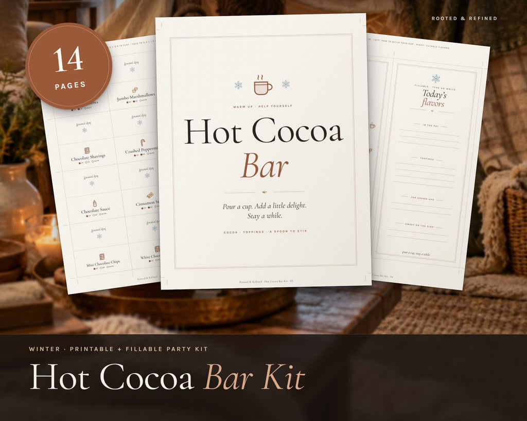 Hot Cocoa Bar Kit printable from Rooted & Refined: cover preview with the printed pages styled on a table