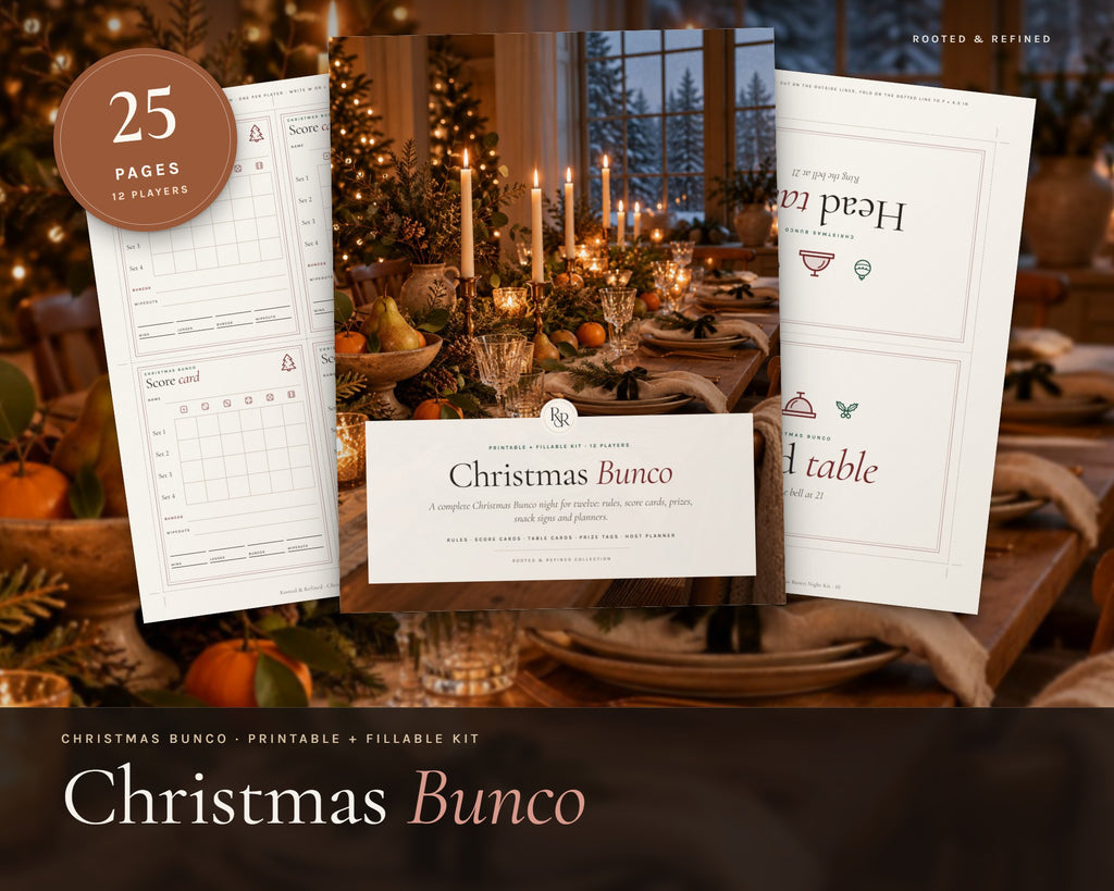 Christmas Bunco Night Kit printable from Rooted & Refined: cover preview with the printed pages styled on a table
