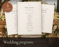 Wedding Program printable from Rooted & Refined: cover preview with the printed pages styled on a table