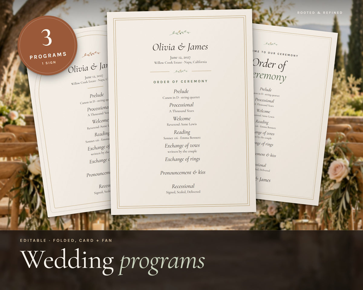 Wedding Program printable from Rooted & Refined: cover preview with the printed pages styled on a table