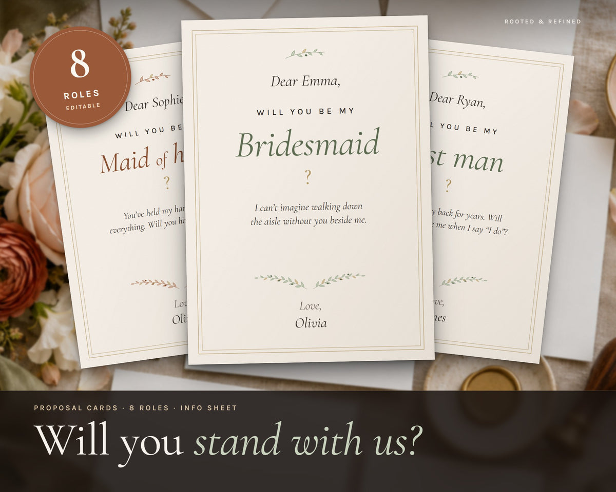 Bridal Party Proposal Cards printable from Rooted & Refined: cover preview with the printed pages styled on a table