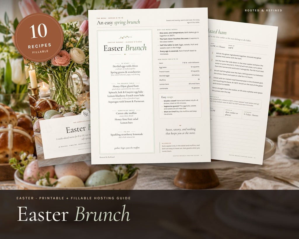 Easter Brunch Menu printable from Rooted & Refined: cover preview with the printed pages styled on a table
