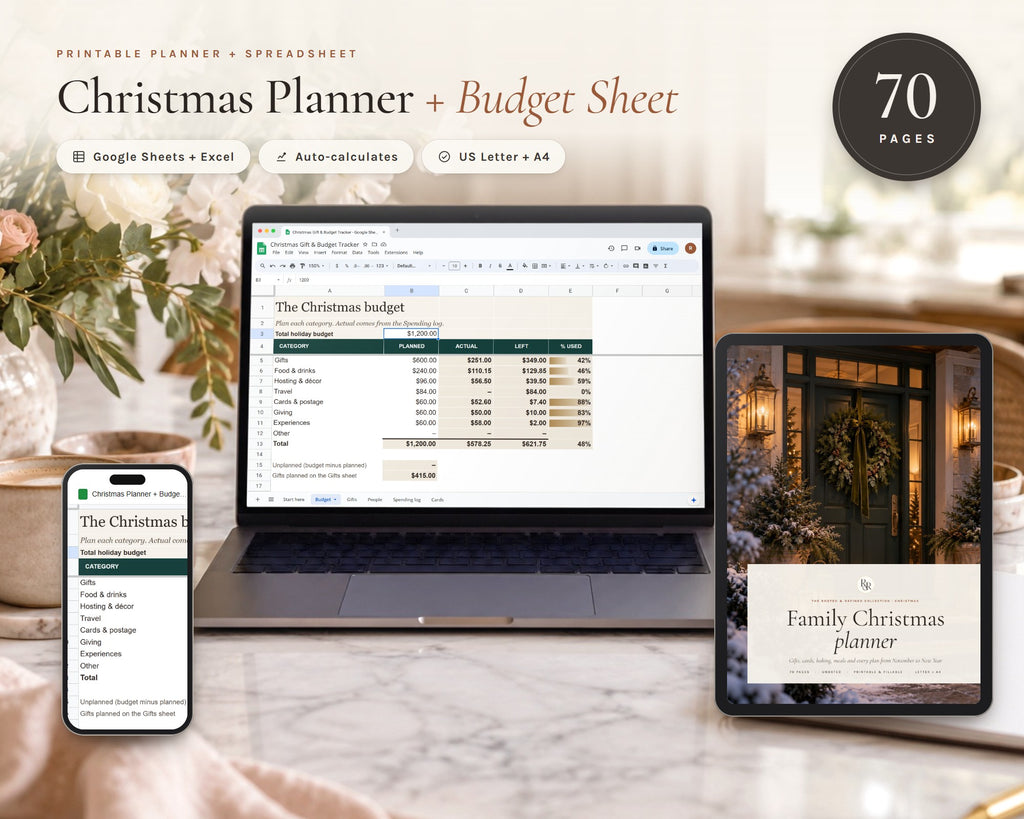 Christmas Planner and Budget Spreadsheet printable from Rooted & Refined: cover preview with the printed pages styled on a table