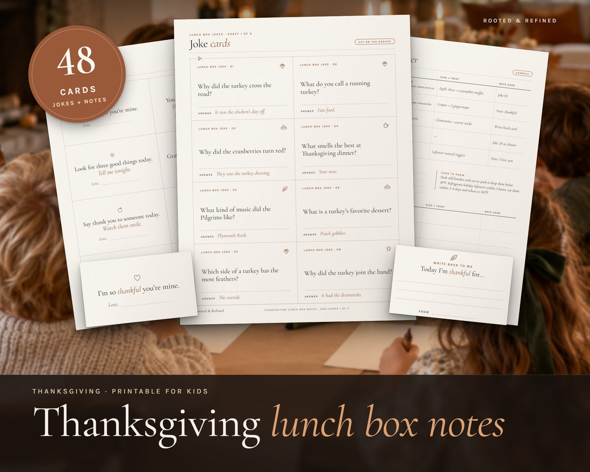 Thanksgiving Lunch Box Notes for Kids printable from Rooted & Refined: cover preview with the printed pages styled on a table