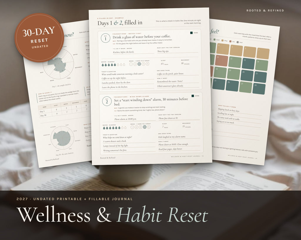 Wellness Journal printable from Rooted & Refined: cover preview with the printed pages styled on a table