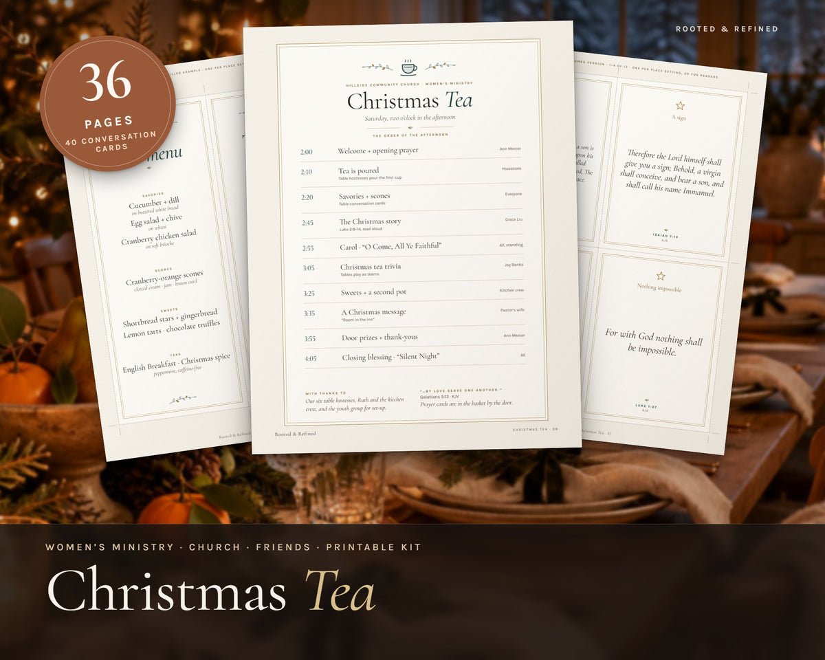Christmas Tea Party Kit printable from Rooted & Refined: cover preview with the printed pages styled on a table