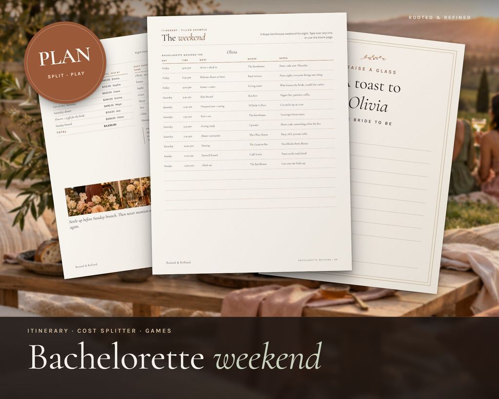 Bachelorette Weekend Kit printable from Rooted & Refined: cover preview with the printed pages styled on a table