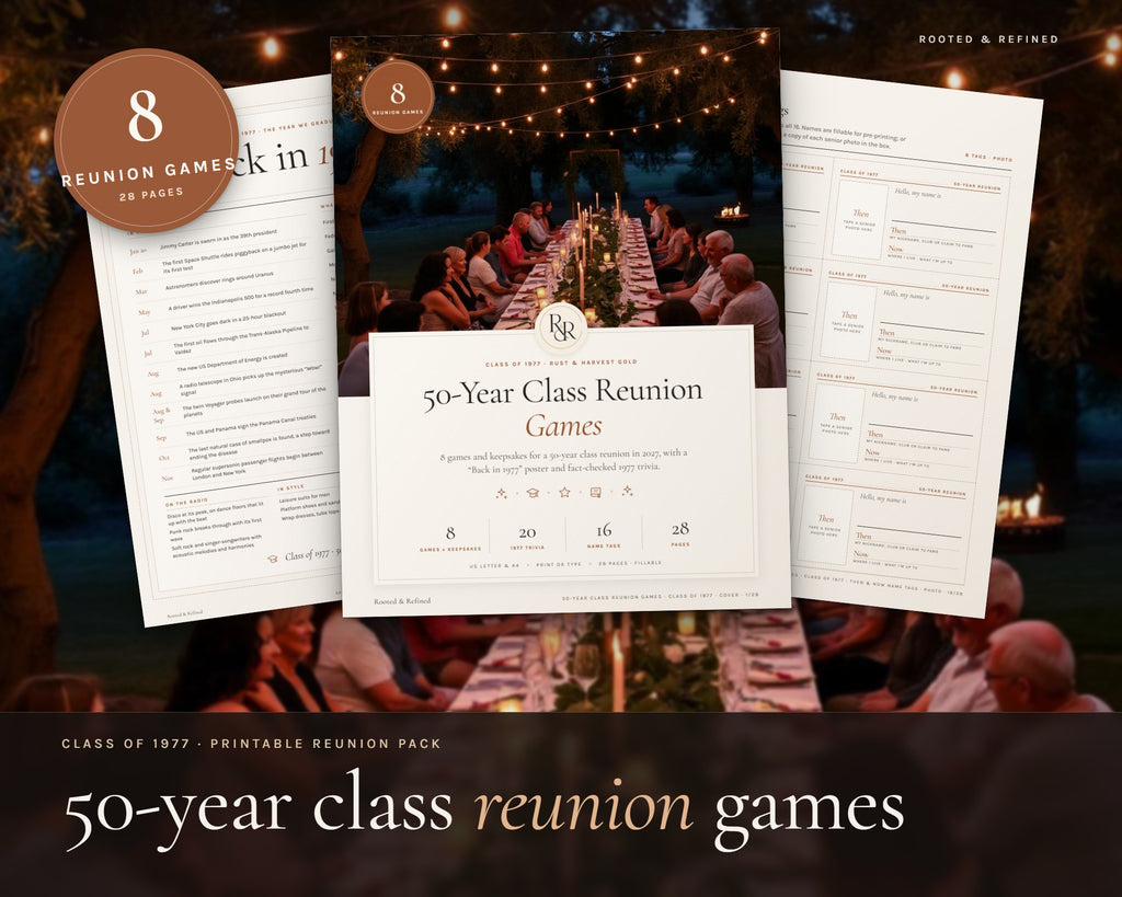 50 Year Reunion Games printable from Rooted & Refined: cover preview with the printed pages styled on a table