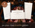 50 Year Reunion Games printable from Rooted & Refined: cover preview with the printed pages styled on a table