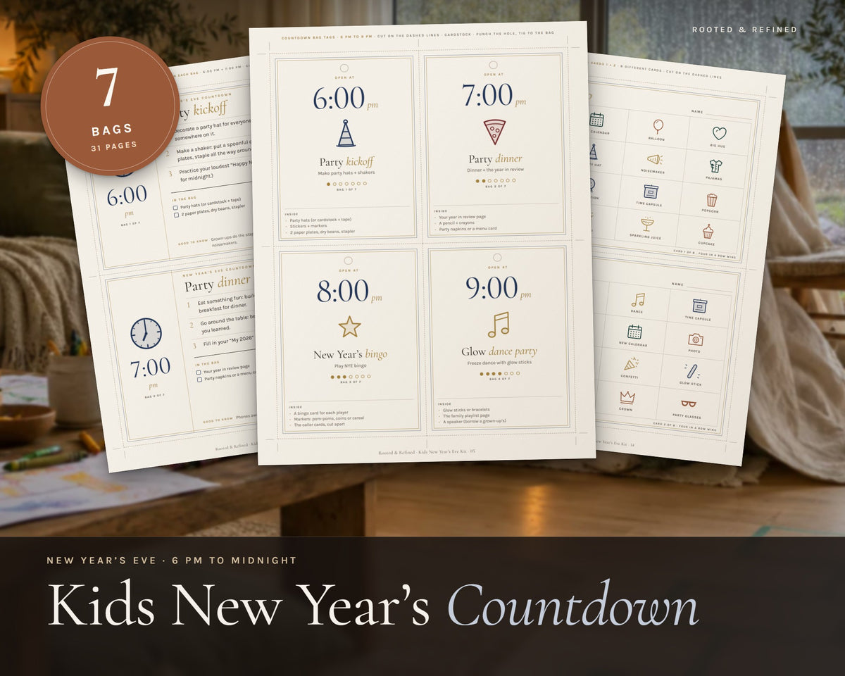 Kids New Years Eve Countdown Bags printable from Rooted & Refined: cover preview with the printed pages styled on a table