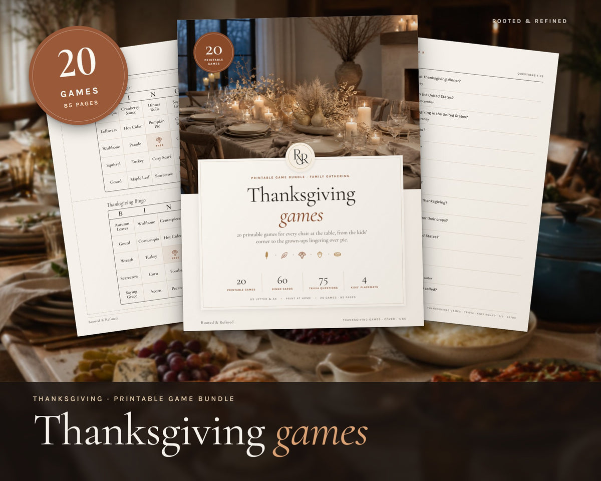 Thanksgiving Games Bundle printable from Rooted & Refined: cover preview with the printed pages styled on a table