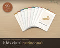 Kids Visual Routine Cards printable from Rooted & Refined: cover preview with the printed pages styled on a table